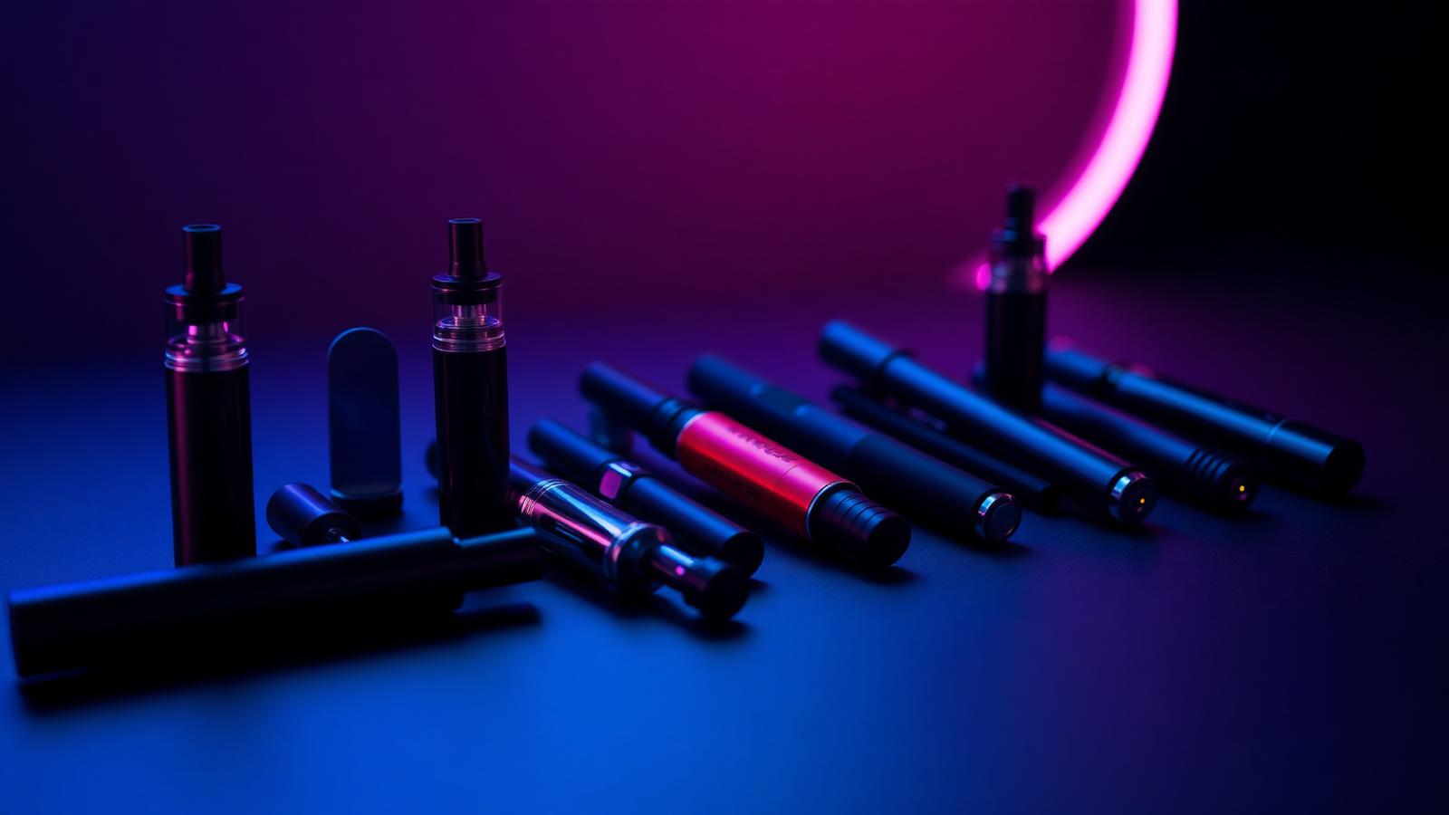 Best Online Vape Shop 2026 — EB Vapes buying guide Assortment of premium disposable vape devices on a matte black surface with magenta and blue rim lighting for EB Vapes best online vape shop guide