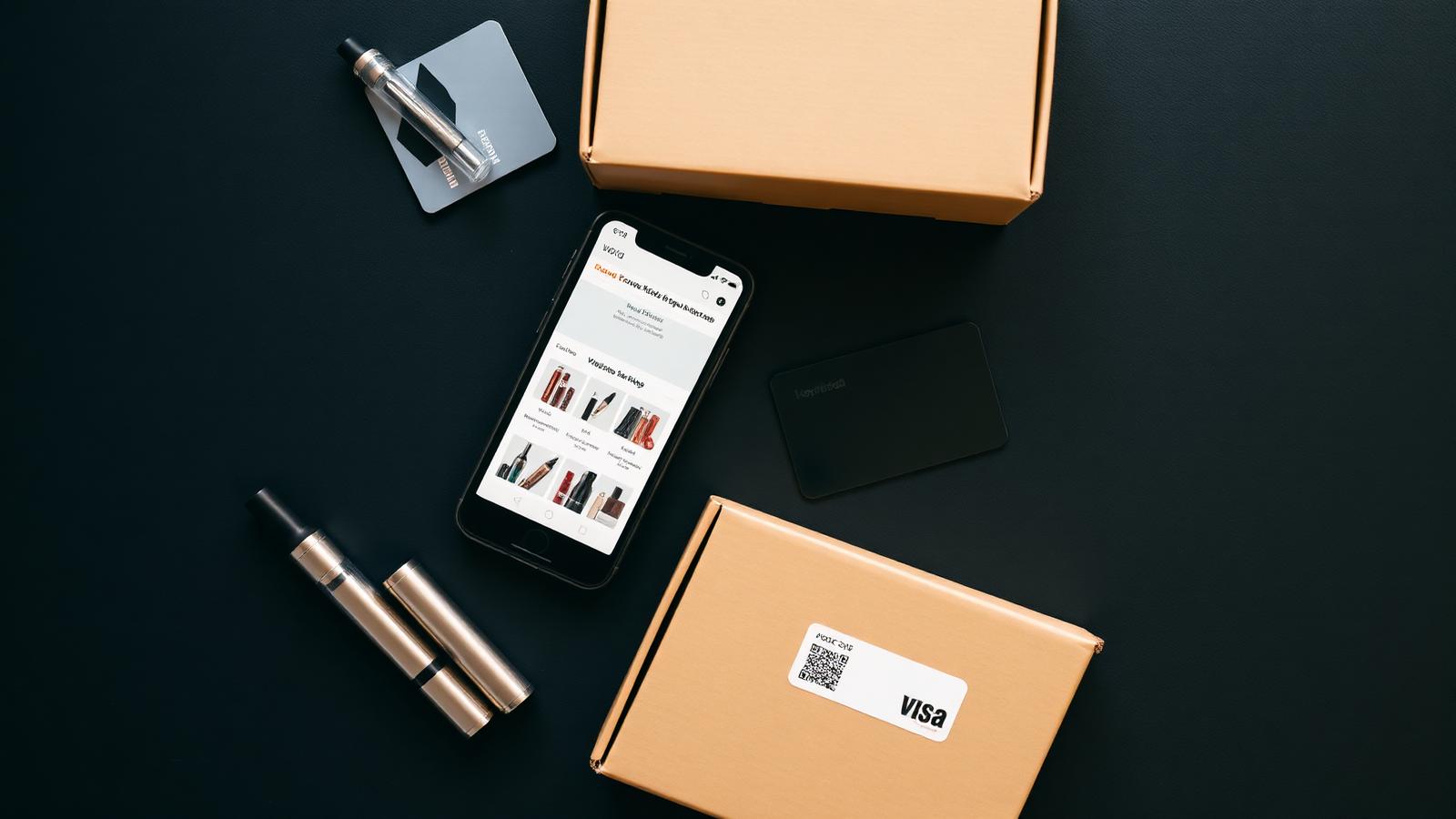Find an Online Vape Shop — EB Vapes guide Overhead flatlay of a smartphone showing a vape shop website next to disposable vapes, credit card and shipping box on a dark desk